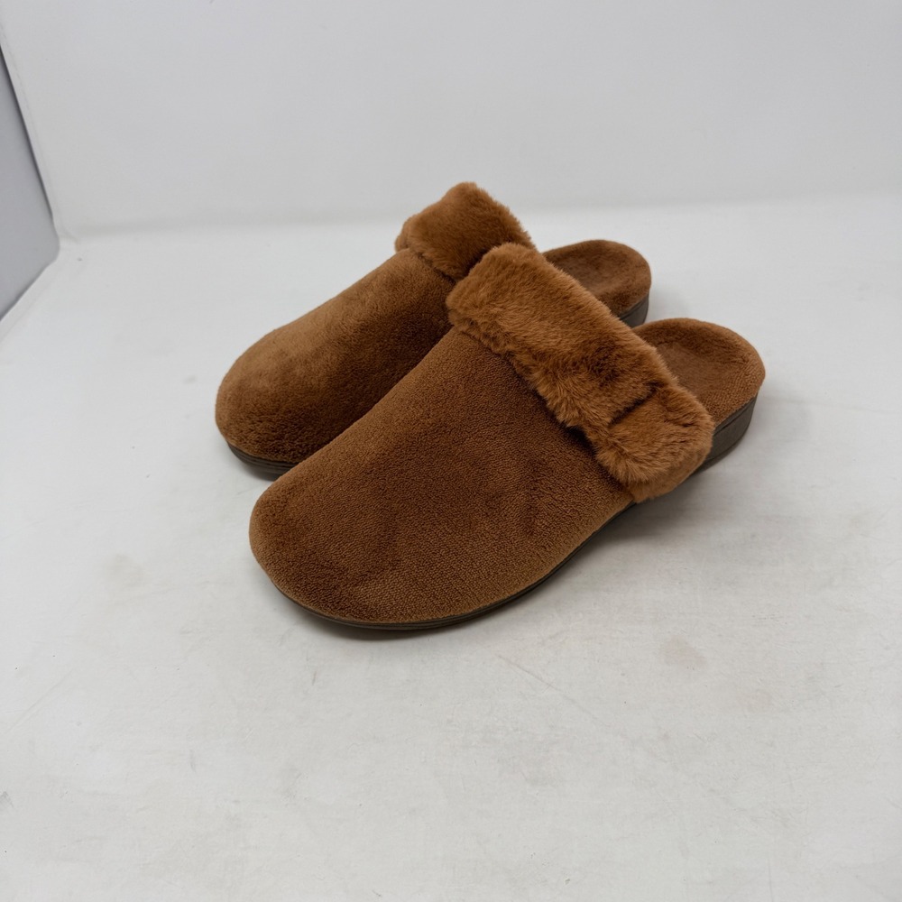 Vionic Marielle Slippers Brown Size 9 Faux Fur Orthotic Mules House Shoes